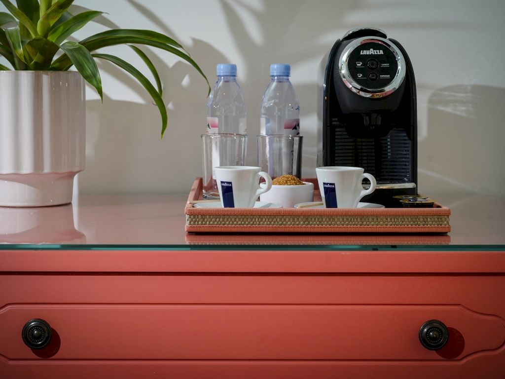 A coffee setup with an espresso machine, two blue mugs, bottled water, cups, and a plant on a red tray.