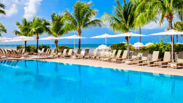 A tropical resort pool with rows of lounge chairs under white umbrellas, palm trees, and the ocean beneath a bright blue sky.